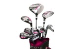 LADIES LEFT HAND MAGENTA/PINK POWERBILT ALL GRAPHITE COMPLETE GOLF CLUB SET w/DRIVER + HYBRID + BAG + PUTTER + 3 HEAD COVERS: REGULAR LENGTH